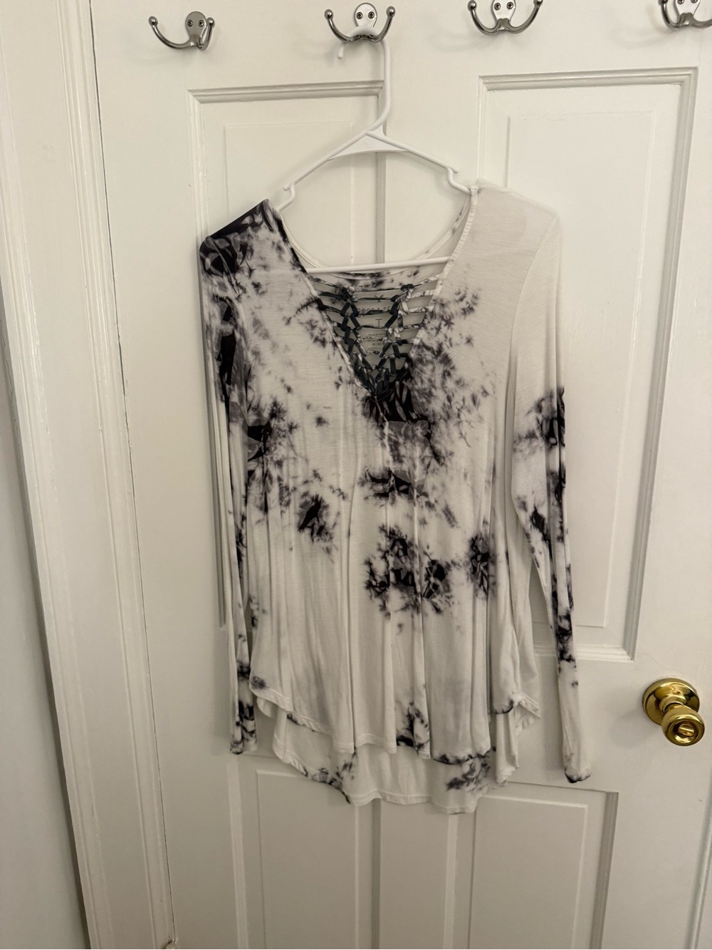 American Eagle Outfitters Black & White Tie-Dye Lace-Up Long Sleeve Top